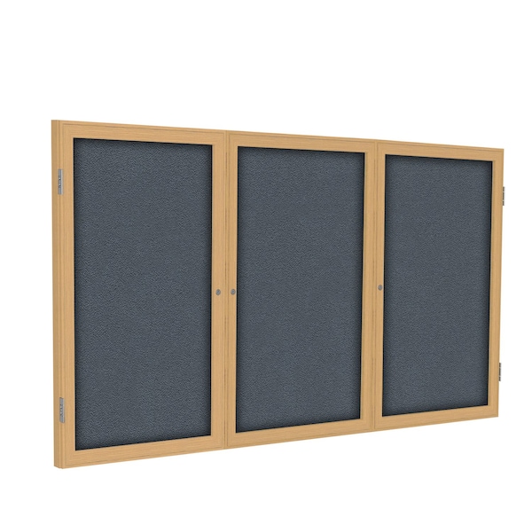 Enclosed Bulletin Board, 3 Door, Fabric, Oak Frame, 3 ft H x 6 ft W, Gray